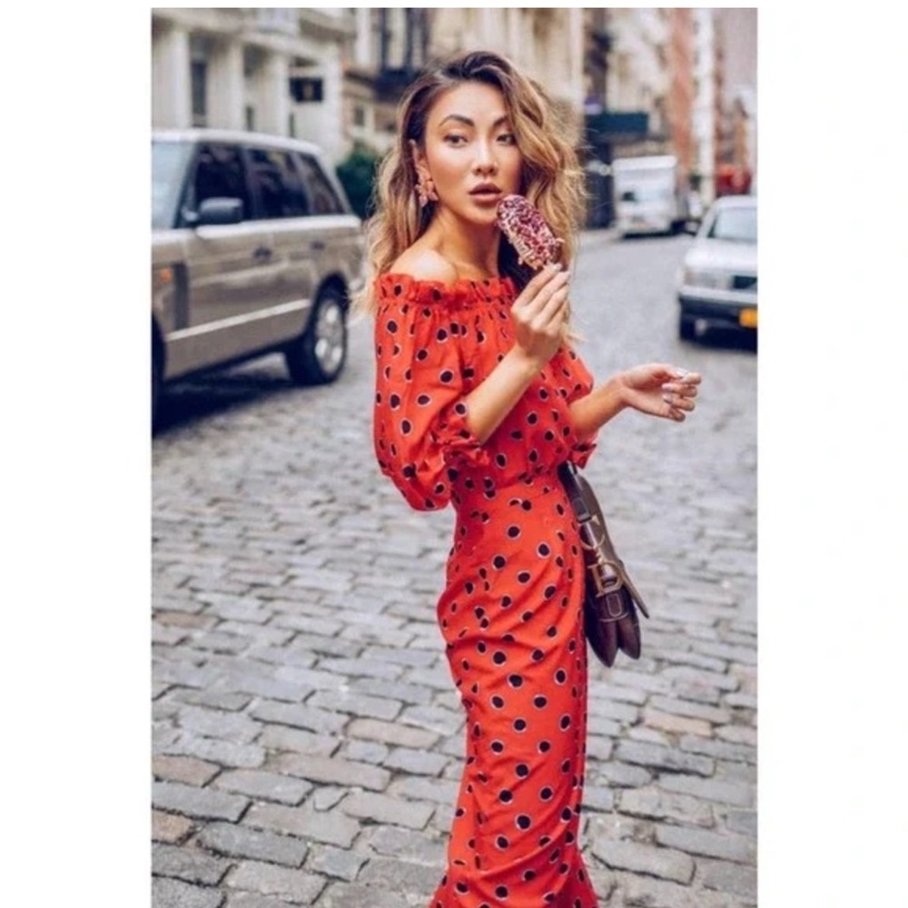 SALONI Red Polka Dot Off-Shoulder Midi Dress